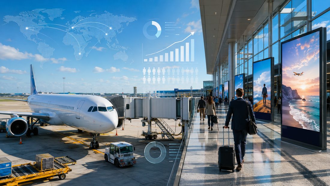 Airport terminal with digital advertising screens and an airliner at the gate (illustration)