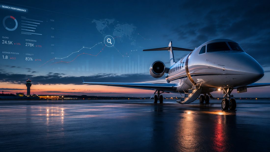 Private jet on the tarmac at dusk with a search performance overlay (illustration)