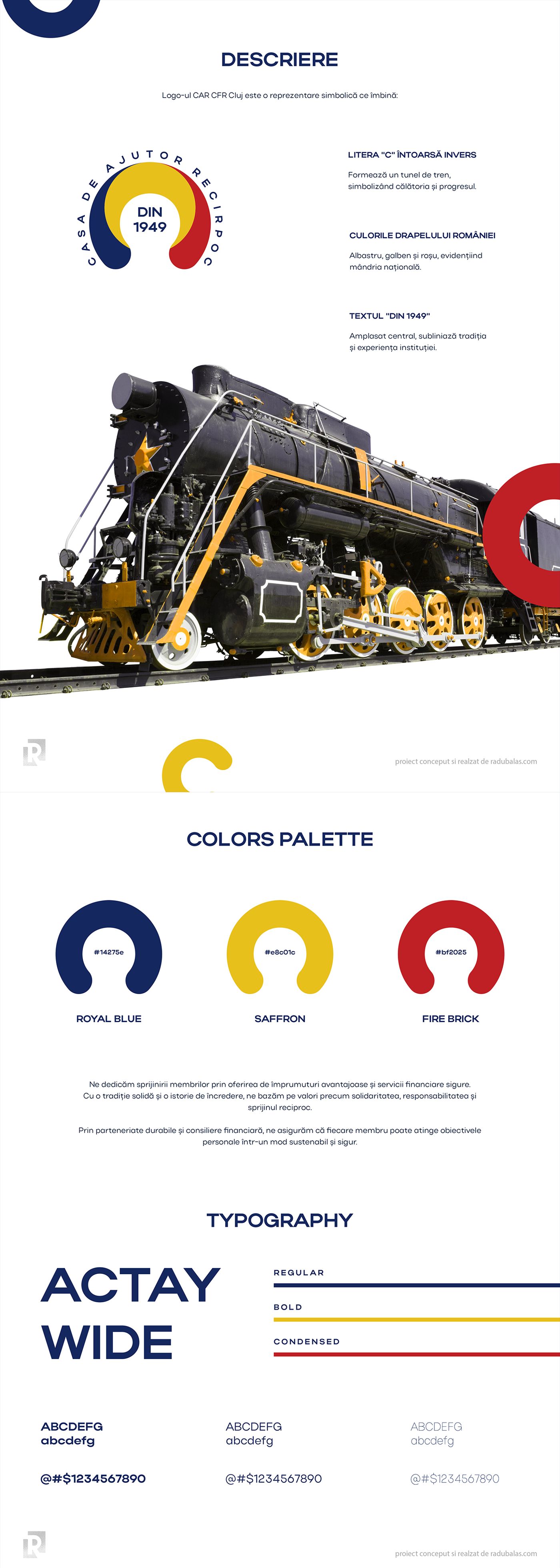 The brand board: logo symbolism, the Romanian flag palette and the Actay Wide typography.