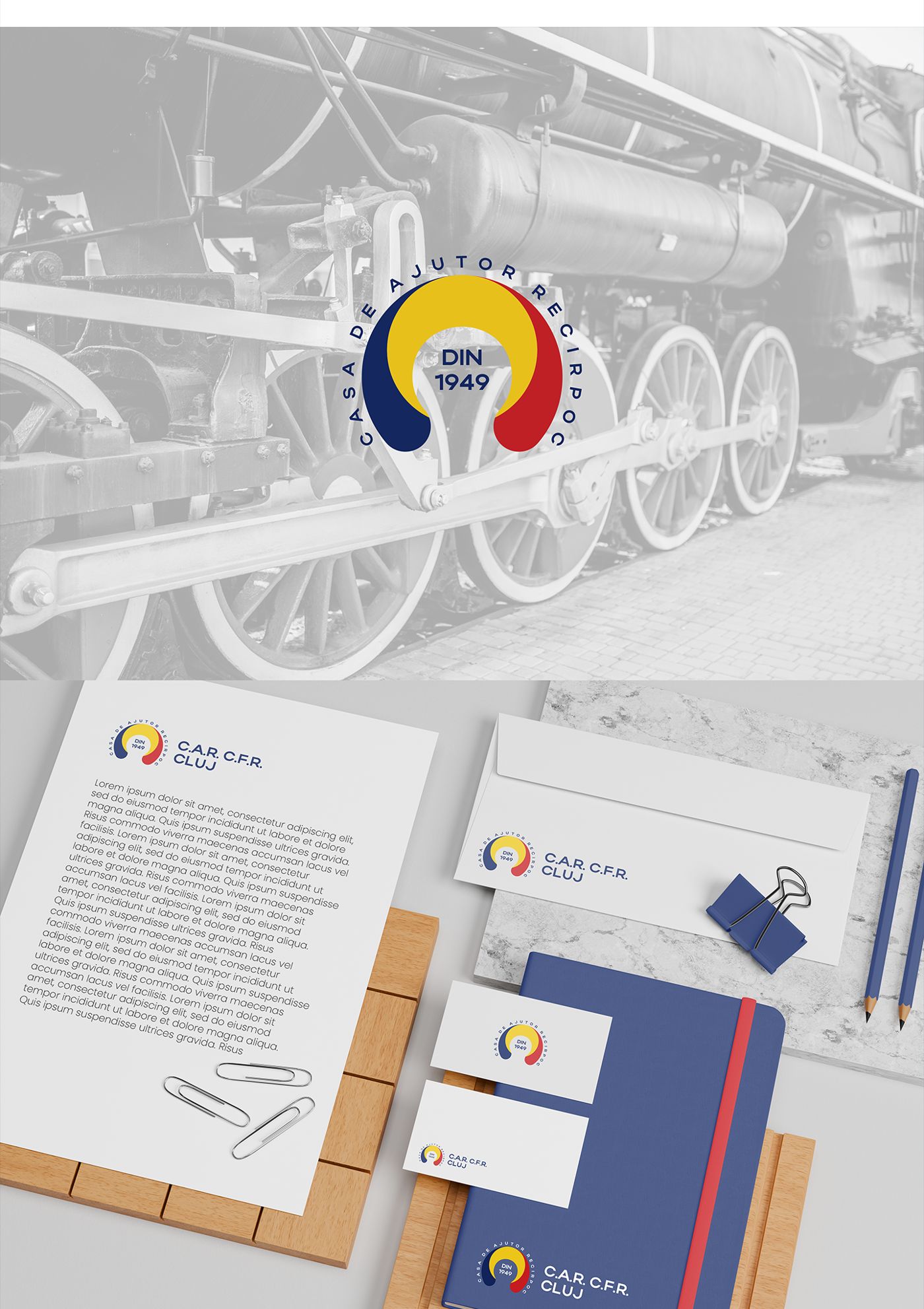 The identity applied: the locomotive motif and the full stationery set.