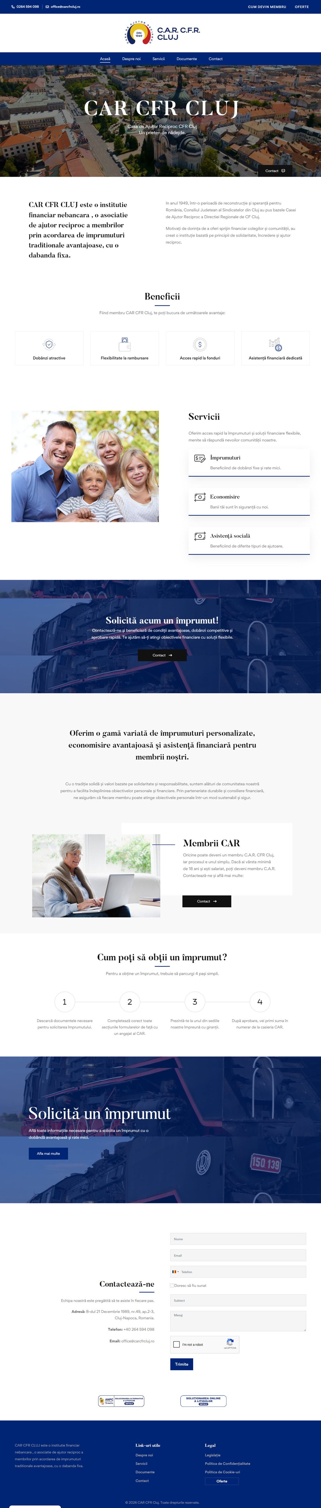 The new carcfrcluj.ro, top to bottom: benefits, services, member journey and contact.