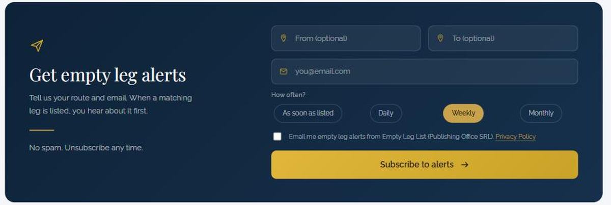 Route in, email in, frequency chosen. No spam, unsubscribe any time, stated on the form itself.
