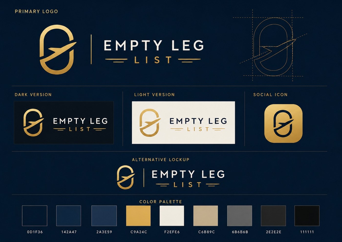 The Empty Leg List identity: primary logo, dark and light lockups, social icon and the palette the site is built on.