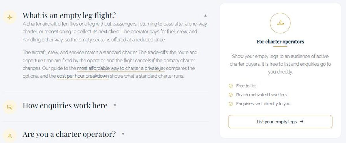 The site explains what an empty leg is, and what the trade offs are, before it asks anyone for an email address.