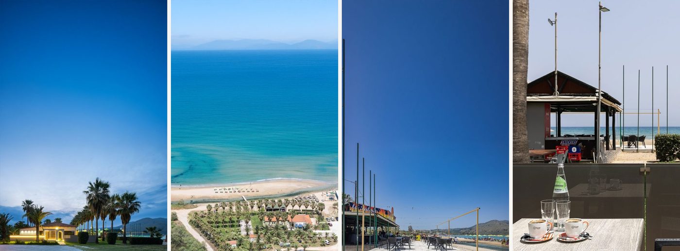 The imagery that sells calm: pool and palms, the Cretan sea, the beach bar, a junior suite.