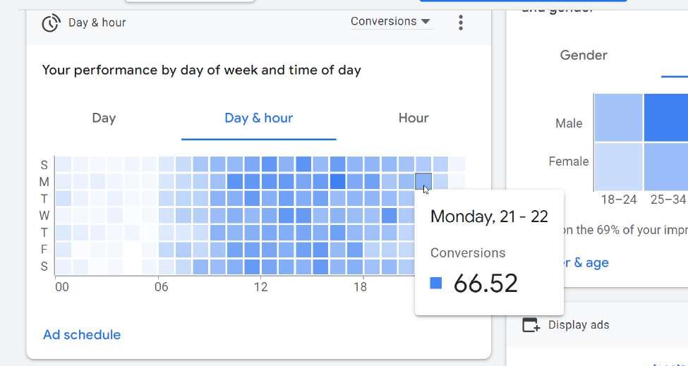 Performance by day and hour: schedules tuned monthly to where conversions actually happen.