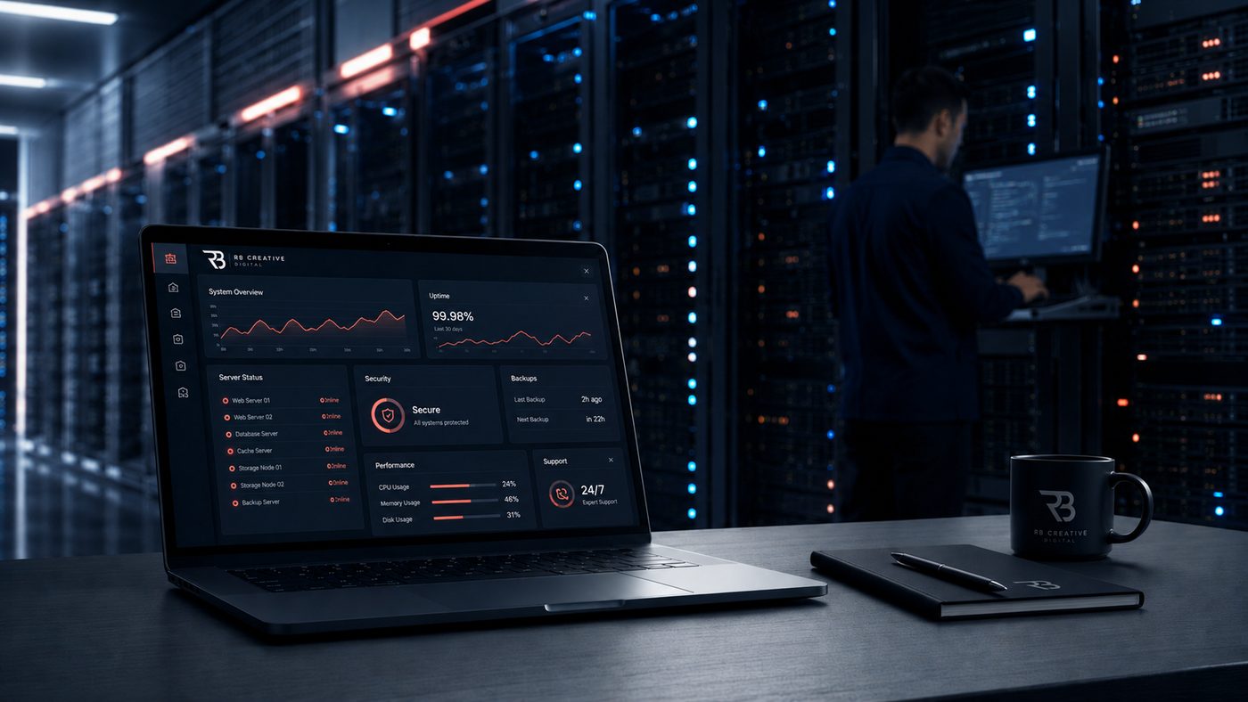 RB Creative Digital hosting dashboard showing 99.98% uptime, in a server room (illustration)