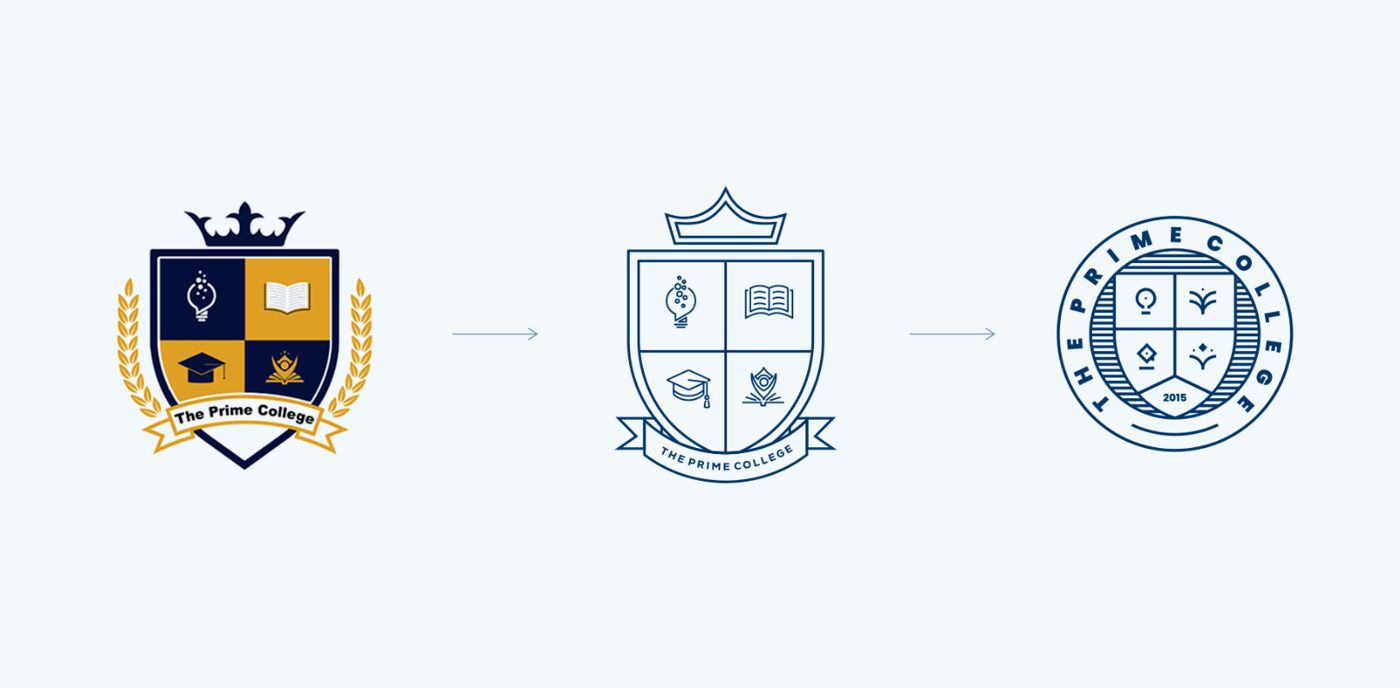 The transformation: old crest, simplified line emblem, final circular seal.