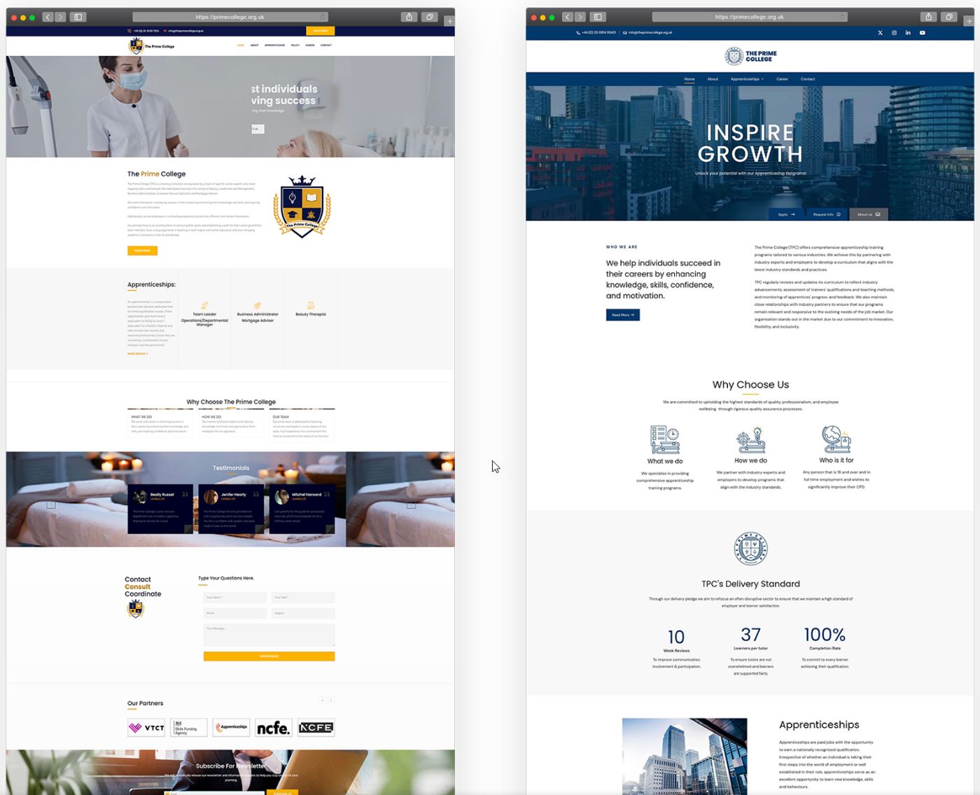 The website, before and after: from the old layout to the new brand on primecollege.org.uk.