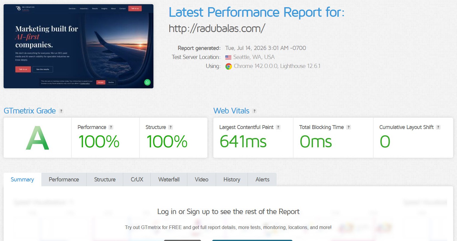 GTmetrix report, July 14, 2026: grade A, LCP 641ms.
