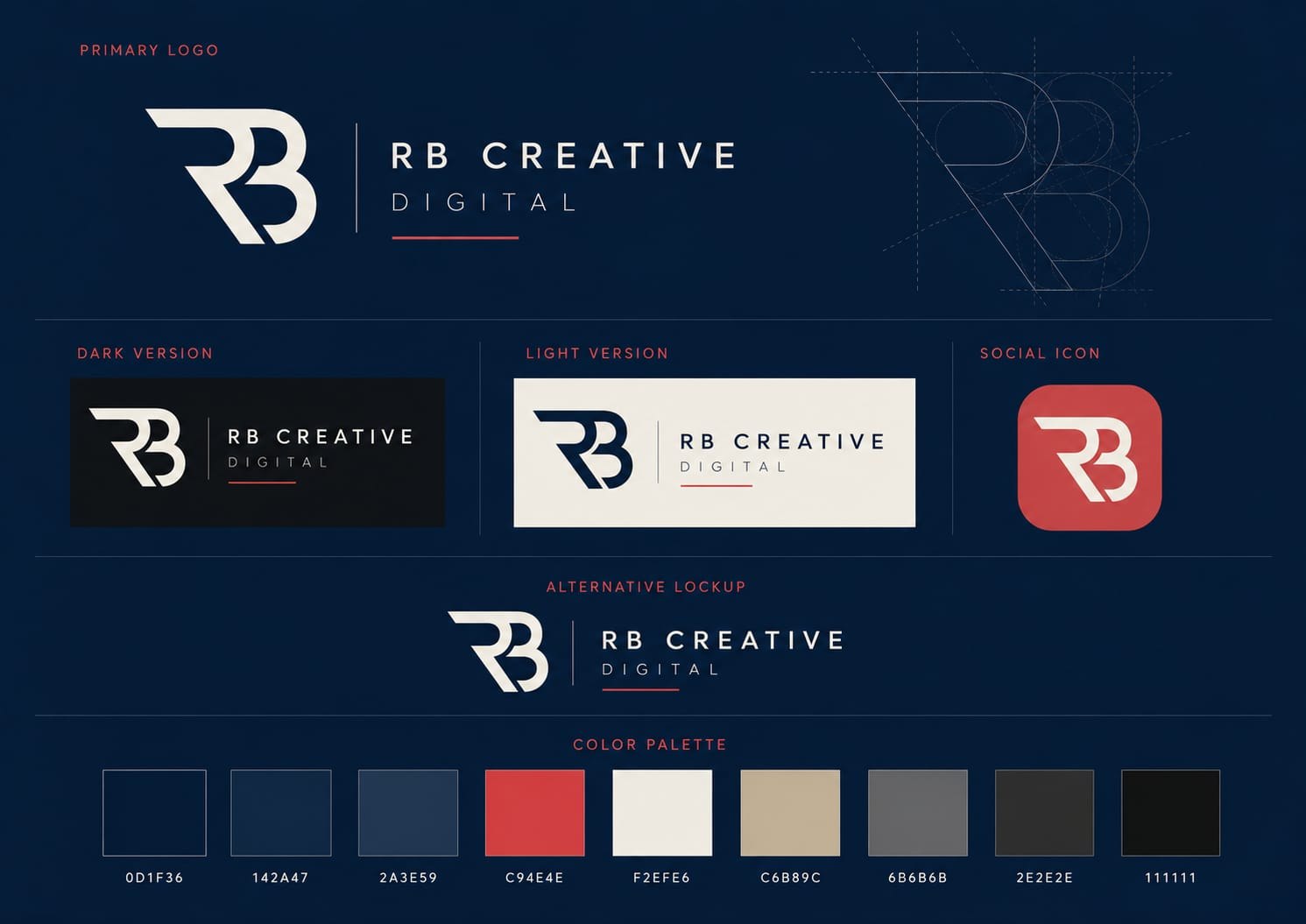 After: navy, red and cream, dark and light lockups, one social icon.