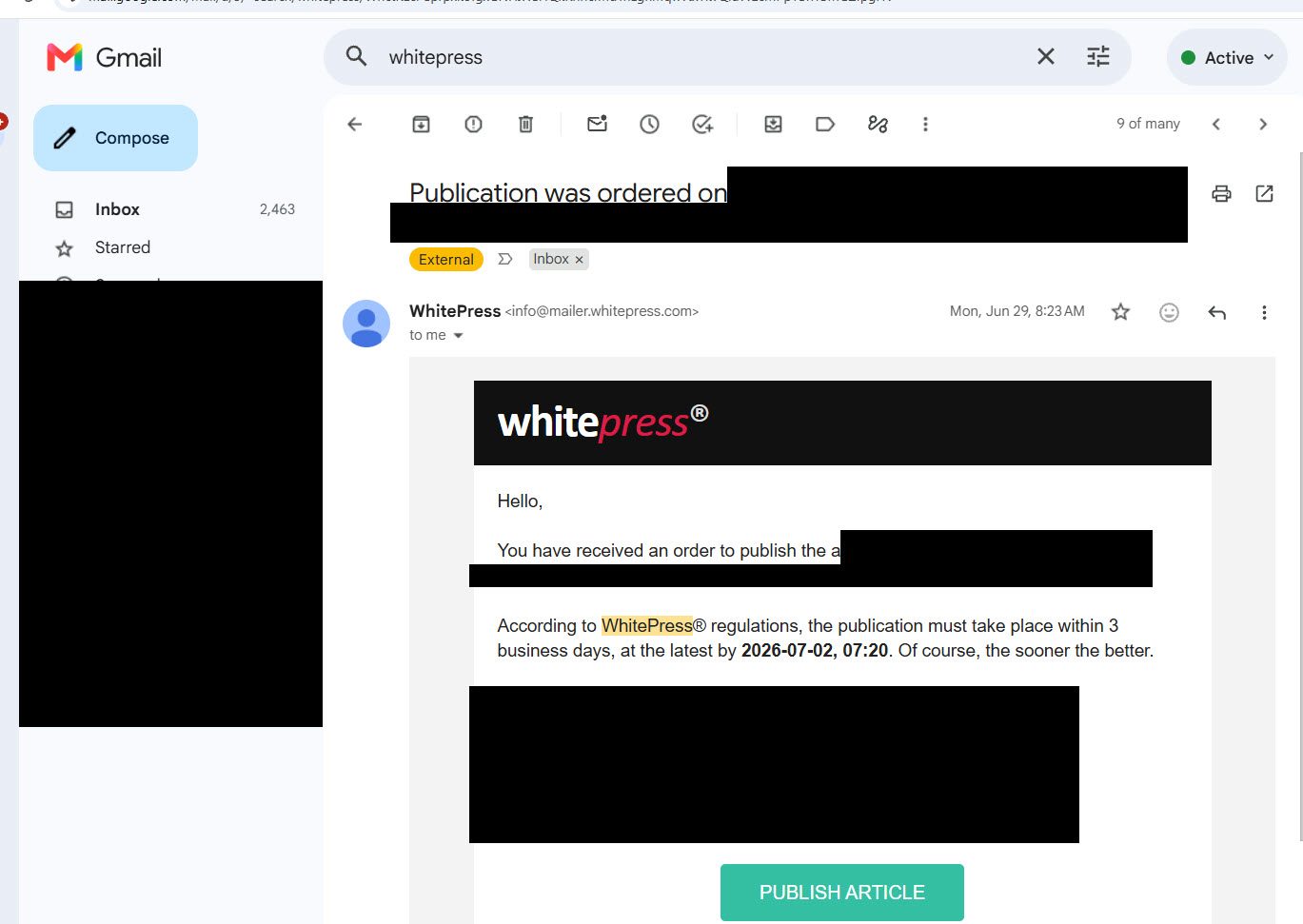 Email from WhitePress notifying that a buyer has ordered an article to be published on one of our sites within 3 business days